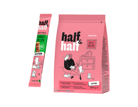 АКЦІЯ HalfHalf - Корм сухий для кошенят з яловичиною, 300 г + Ласощі м'ясні палички для кошенят з індичкою, 5 г