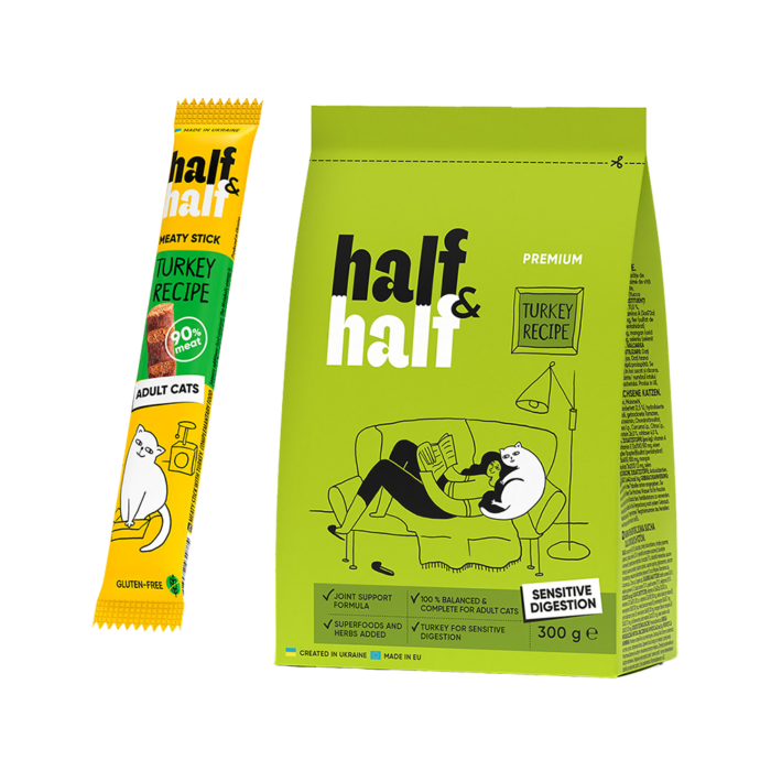 АКЦИЯ HalfHalf - Корм ​​сухой для кошек с чувствительным пищеварением с индейкой, 300 г + Лакомство мясные палочки для кошек с индейкой, 5 г