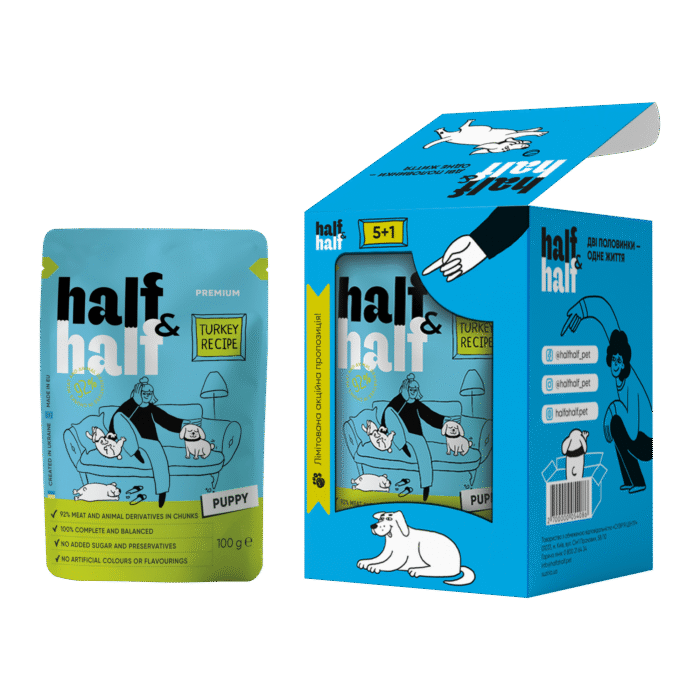 Набір вологих кормів Half&Half "5+1" для цуценят, шматочки з індичкою в соусі, паучі, 6 шт*100 г