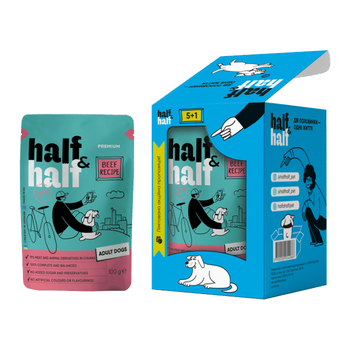 Набор влажных кормов Half&Half "5+1" для взрослых собак, кусочки с говядиной в соусе, паучи, 6 шт*100 г