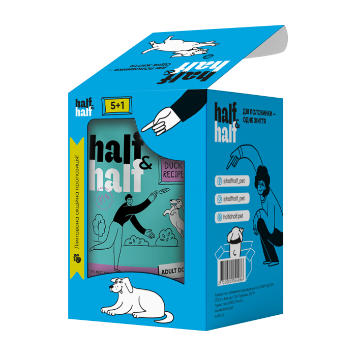 Набір вологих кормів Half&Half "5+1" для дорослих собак, шматочки з качкою в соусі, паучі, 6 шт*100 