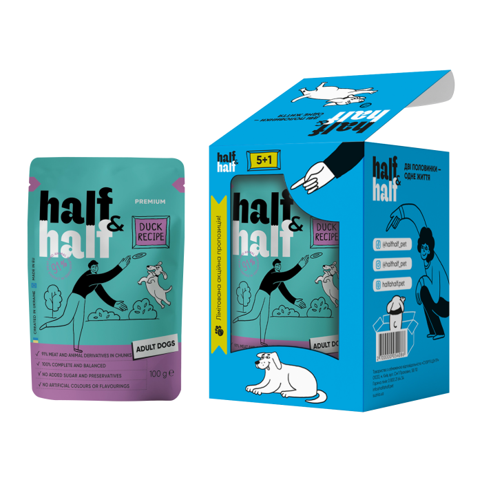 Набір вологих кормів Half&Half "5+1" для дорослих собак, шматочки з качкою в соусі, паучі, 6 шт*100 