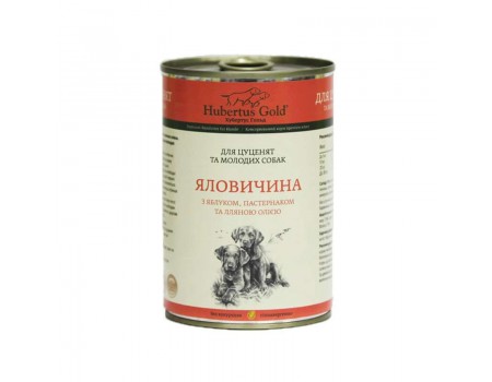 Hubertus Gold Консервированный корм для щенков и молодых собак, говядина с яблоком и пастернаком и льняным маслом, 400г