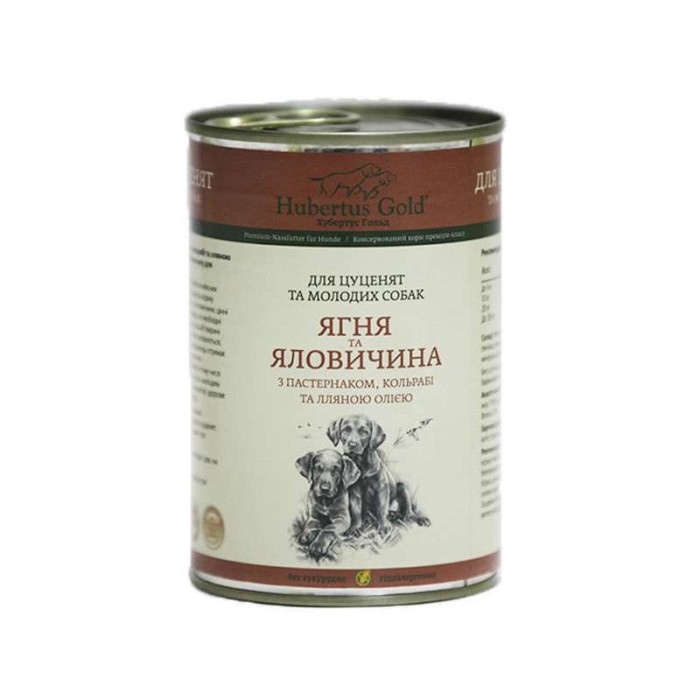 Hubertus Gold Консервований корм для цуценят та молодих собак, ягня та яловичина з пастернаком, кольрабі та лляною олією, 400г