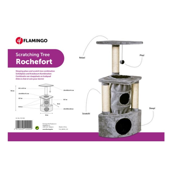 Когтеточка-игровой комплекс для кошек Flamingo Scratching tree Rochefort ФЛАМИНГО РОШФО, серый, 38х38х103 см