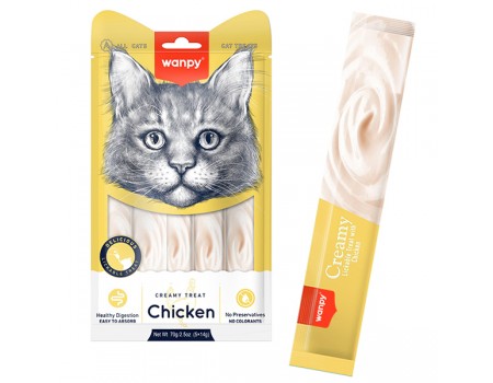 Wanpy Creamy Lickable Treats Chicken ВАНПІ КУРКА рідкі ласощі для котів, 0.07 кг, в пакунку 5 стіків по 14 г 