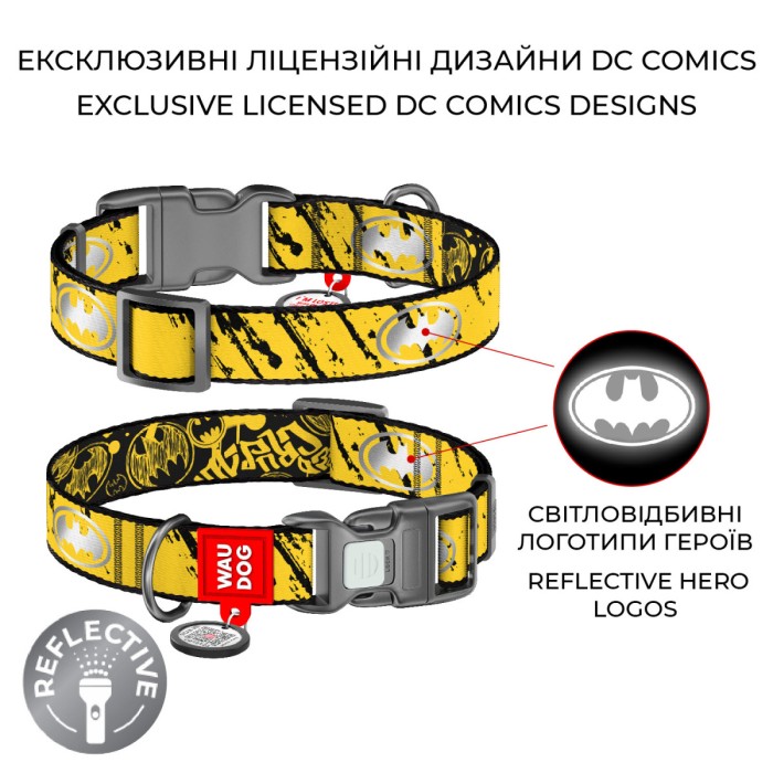 Нашийник для собак нейлоновий WAUDOG Nylon з QR світловідбивний, "Бетмен Ескіз" M, Ш 20мм Д 28-40см