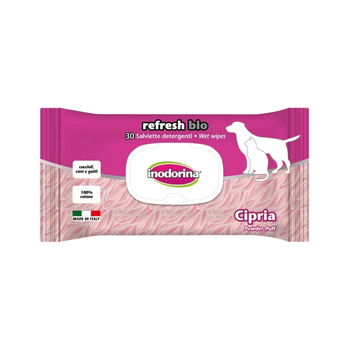 Inodorina Refresh Bio Cipria - Вологі біорозкладні серветки для всіх типів шерсті котів та собак з ароматом пудри, 30 шт