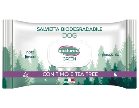 Inodorina Green Lino e Rosmarino - Вологі біорозкладні серветки з чебрецем та чайним девевом для всіх типів шерсті собак , 30 шт