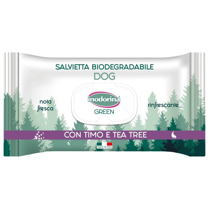 Inodorina Green Lino e Rosmarino - Вологі біорозкладні серветки з чебрецем та чайним девевом для всіх типів шерсті собак , 30 шт