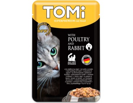 TOMi poultry rabbit ПТИЦА КРОЛИК консервы для кошек, влажный корм, пауч , 0.1 кг.