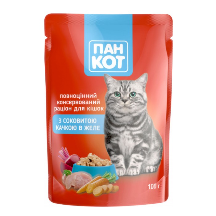 Пан Кіт Качка пауч для дорослих кішок всіх порід із соковитою качкою в желе 100г