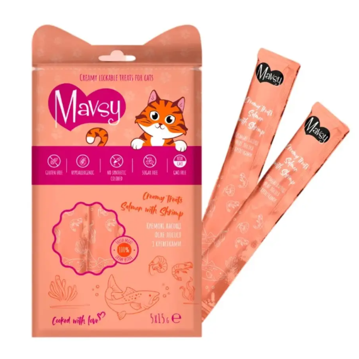 Жидкое кремообразное лакомство для кошек Mavsy-Creamy Treats Salmon with shrimp, с лососем и креветками, 5x15 г