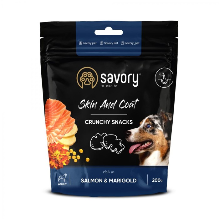 Хрумкі ласощі Savory для здоров'я шкіри та вовни собак, лосось з чорнобривцями 200г