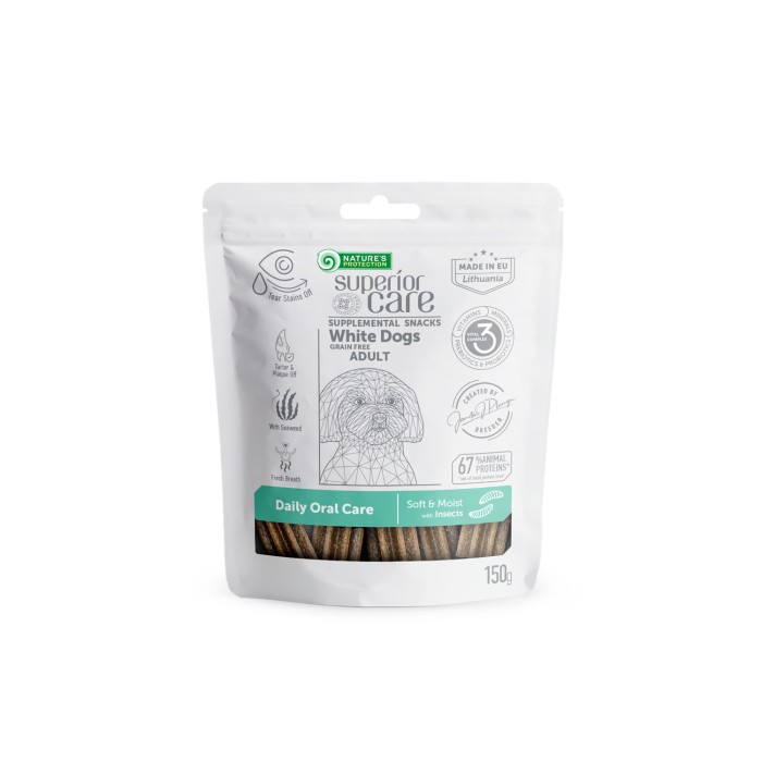Беззерновые лакомства Nature's Protection SC White Dogs Daily Oral Care, для полости рта собак светлых расцветок, белок насекомых, 150 г