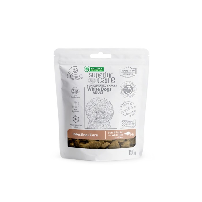 Беззерновые лакомства Nature's Protection Superior Care White Dogs, здоровье ЖКТ собак светлых расцветок, белая рыба и рис, 150 г