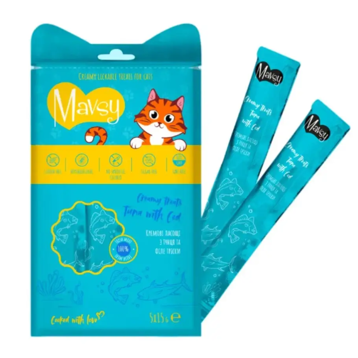Жидкое кремообразное лакомство для кошек Mavsy-Creamy Treats Tuna with cod, с тунцем и треской, 5x15 г
