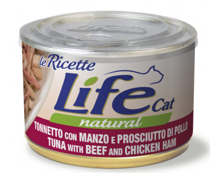  LifeCat leRicette Tuna with beef and chicken ham - ЛайфКэт  Дополнительный влажный корм для кошек, 150 гр Тунец с говядиной и ветчиной