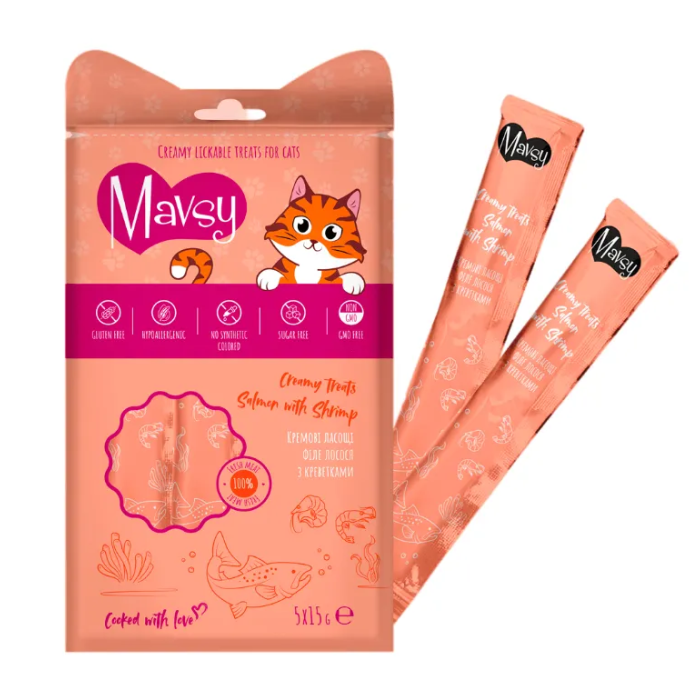 Кремові ласощі для котів Mavsy-Creamy Treats Salmon with shrimp, з лососем та креветками, 5x15 г