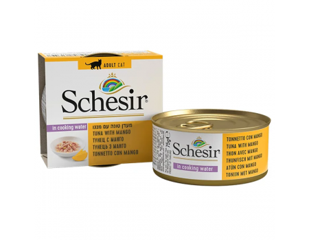 Розпродаж_05_2025//Schesir Tuna with Mango ШЕЗІР ТУНЕЦЬ З МАНГО в бульйоні  для котів, вологий корм, банка 75г 