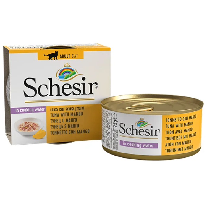 Розпродаж_05_2025//Schesir Tuna with Mango ШЕЗІР ТУНЕЦЬ З МАНГО в бульйоні  для котів, вологий корм, банка 75г 