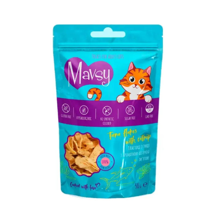 Ласощі для котів Mavsy-Tuna flakes with Catnip, пластівці з тунця з ароматною котячою м'ятою, 50 г