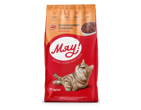 Сухий корм Мяу! для дорослих котів, смачне м'ясце, 11 кг