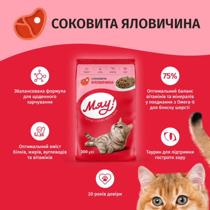 Сухий корм Мяу! для дорослих котів, яловичина, 14 кг