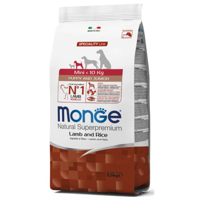 MONGE SUPER PREMIUM DOG MINI PUPPY & JUNIOR полноценный сбалансированный рацион для щенков мелких пород, ягненок с рисом, 2,5 кг.