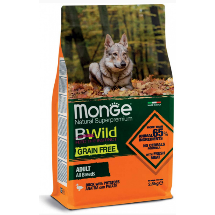 Сухий беззерновий корм Monge Dog Be Wild Gr.Free для собак, з качкою, 2.5 кг