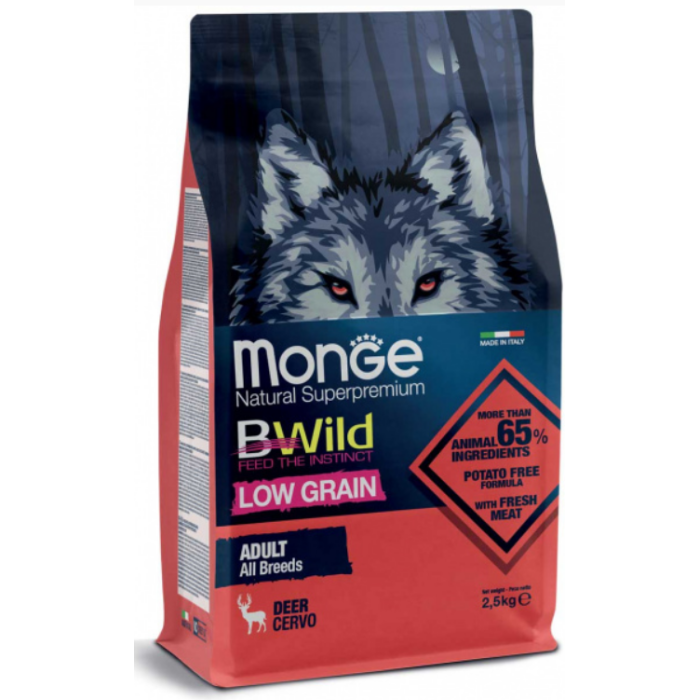 MONGE DOG BWILD LOW GRAIN - полноценный рацион для взрослых собак всех пород на основе оленины, 2,5кг