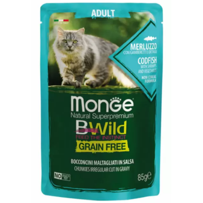Monge Cat Bwild Grain Free wet Cod Fish Shrimps Vegetables Влажный корм для взрослых кошек треска, креветки, овощи 85 г