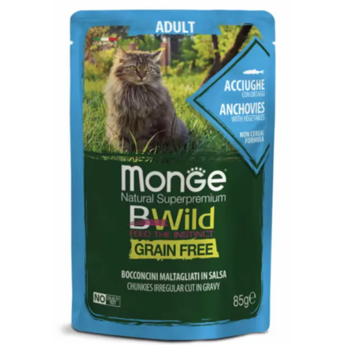Monge Cat Bwild Grain Free wet Anchovies Vegetables Влажный корм для взрослых кошек анчоусы и овощи 85 г