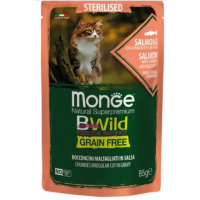 Вологий корм для стерилізованих котів Monge Cat Bwild Grain Free wet Sterilised, лосось, креветки, овочі 85 г