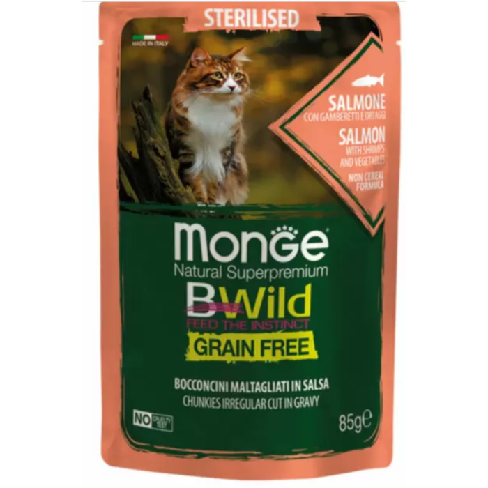 Вологий корм для стерилізованих котів Monge Cat Bwild Grain Free wet Sterilised, лосось, креветки, овочі 85 г