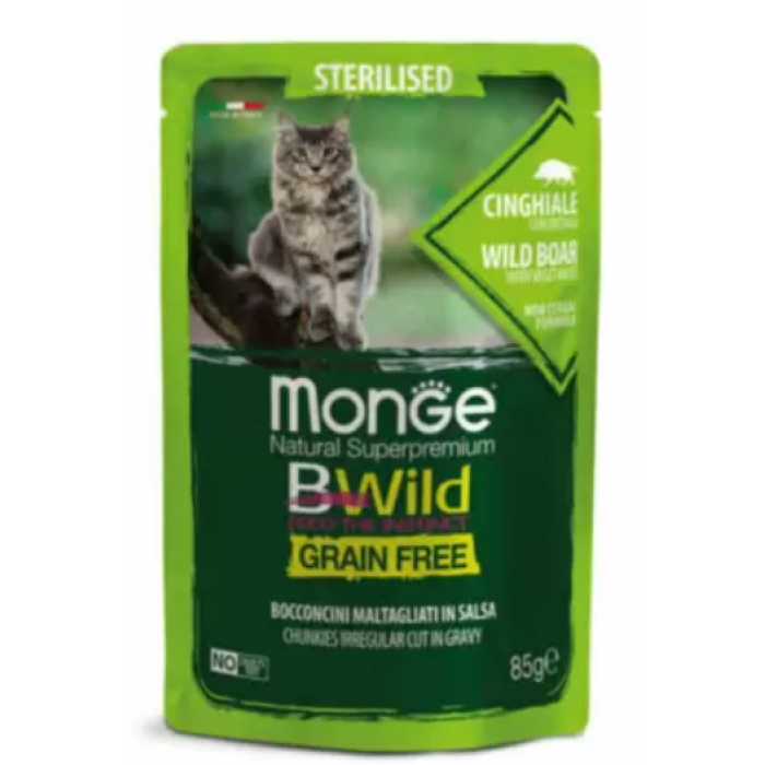 Влажный корм Monge Cat Bwild Grain Free wet Sterilised, для стерилизованных котов, мясо дикого кабана, овощи 85 г