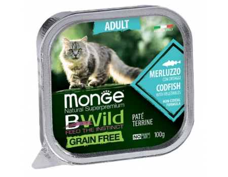 Monge Cat Вwild Grain Free Adult Cod Fish Vegetables Беззерновой паштет для взрослых кошек треска, овощи 100 г