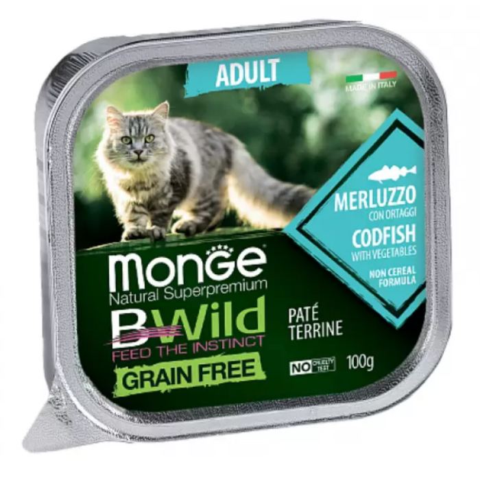 Monge Cat Bwild Grain Free Adult Cod Fish Vegetables Беззерновой паштет для взрослых кошек треска, овощи 100 г