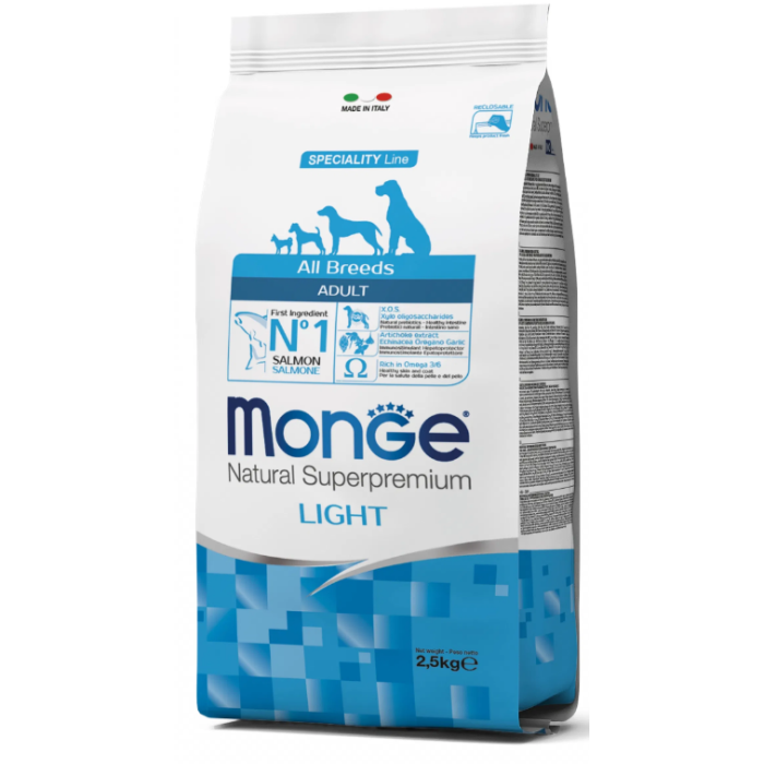 MONGE SPECIALITY LINE All breeds Light лосось з рисом для дорослих собак усіх порід з особливими потребами, схильних до набору надмірної ваги, 2.5 кг