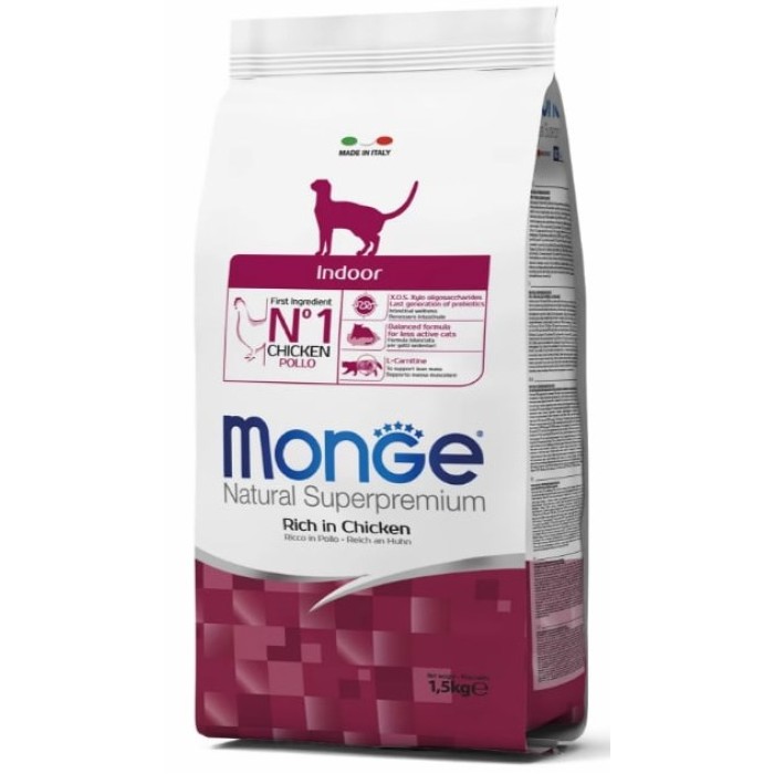MONGE SUPER PREMIUM CAT INDOOR повноцінний збалансований раціон для кішок з низькою фізичною активністю, 0,4 кг
