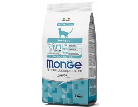 Monge Cat MONOPROTEIN Sterilised с треской - полноценный сбалансированный корм для стерилизованных котов, 1.5 кг