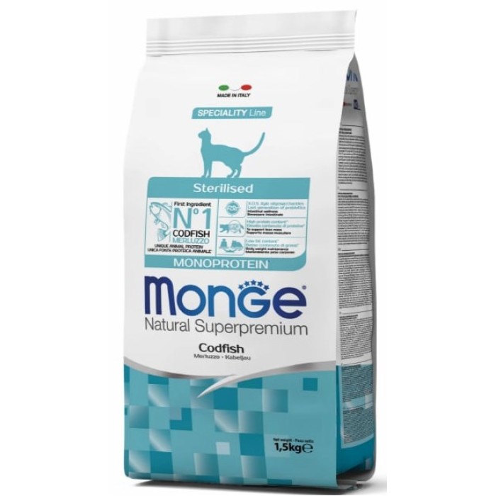 Monge Cat MONOPROTEIN Sterilised з тріскою - повноцінний збалансований корм для стерилізованих котів, 1.5 кг