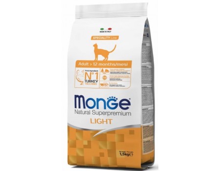 Monge Cat Light с индейкой - низкокалорийный корм для кошек склонных к набору лишнего  веса, 1.5 кг