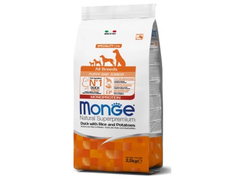 Monge Dog All breeds Puppy & Junior полноценный корм для щенков собак всех размеров, утка с рисом, 15 кг.