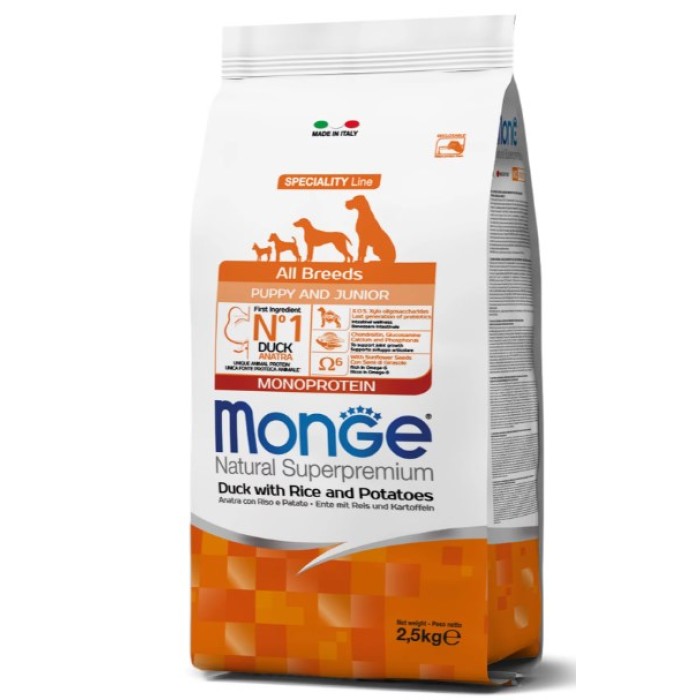 Monge Dog All breeds Puppy & Junior полноценный корм для щенков собак всех размеров, утка с рисом, 2.5 кг.