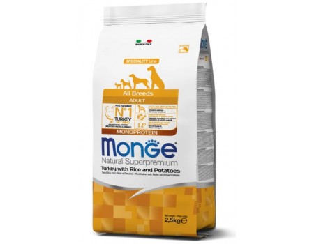 Monge Dog All breeds Adult полноценный корм для взрослых собак любого размера, индейка, рис и картофель, 2,5 кг.