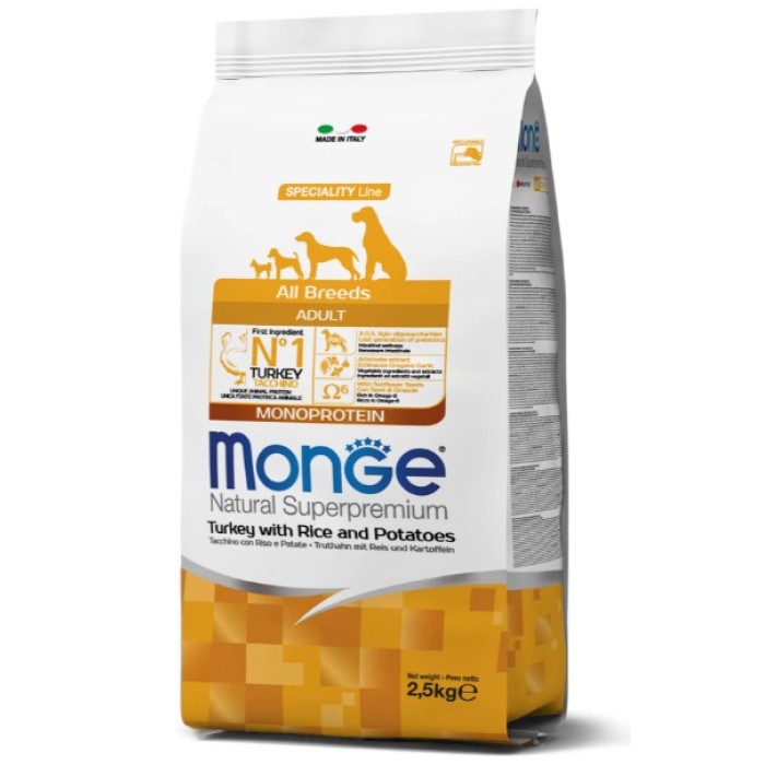 Monge Dog All breeds Adult повноцінний корм для дорослих собак будь-якого розміру, індичка, рис та картопля, 2,5 кг.