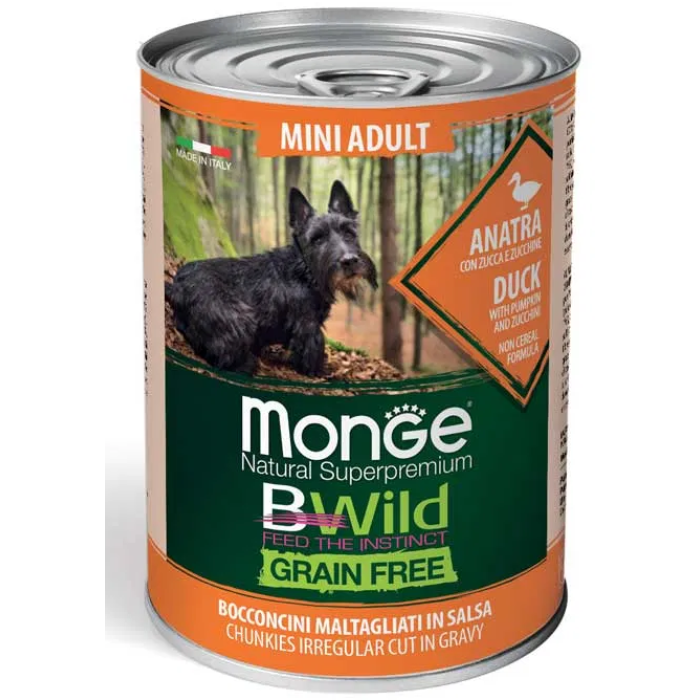 Monge Dog WET BWILD Mini Adult качка, гарбуз та цукіні, беззернова консерва для собак, 400 г