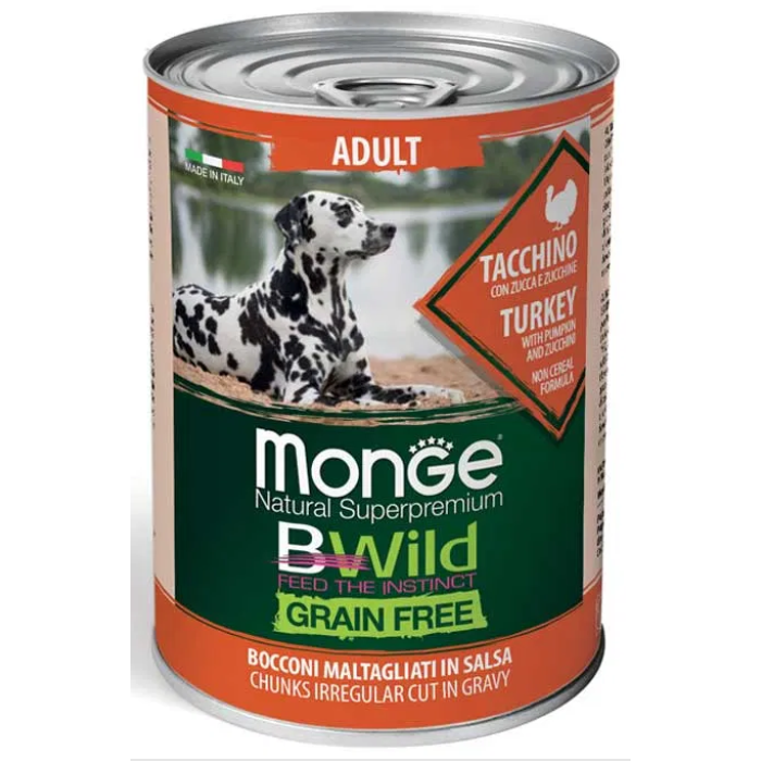 Monge Dog WET BWILD Adult індичка, гарбуз та цукіні, беззернова консерва для собак, 400 г