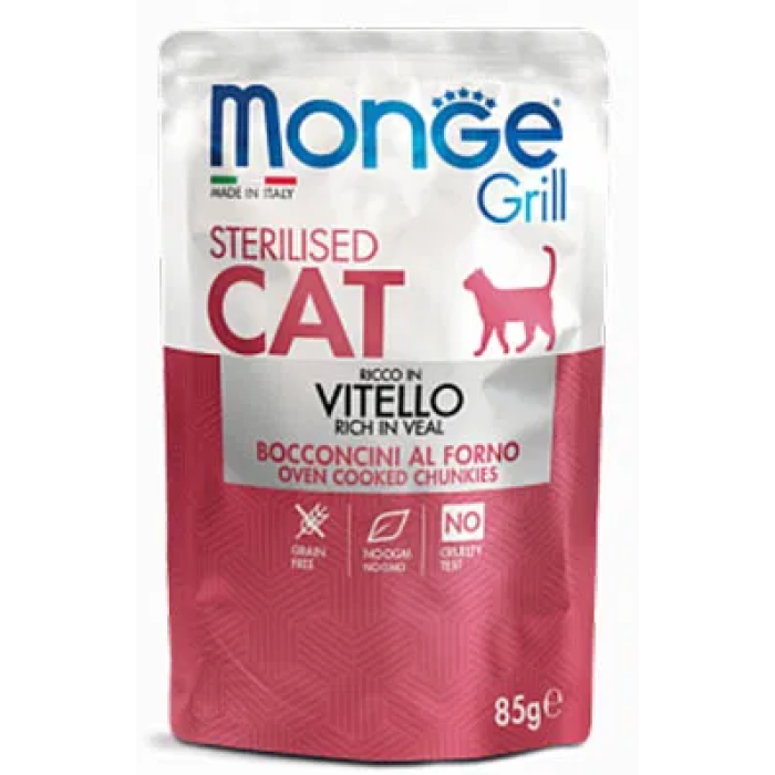 Monge Cat Grill Sterilized телятина  Полнорационный корм для кошек Паучи с телятиной  85 г
